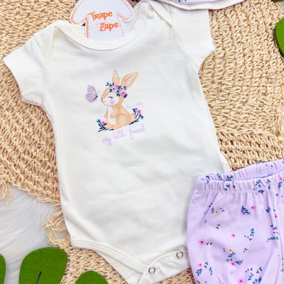 Conj. Body My Little Friend, Bucket e Short Florzinhas - Lilás e Off White